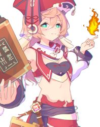 Rule 34 | 1girl, bare shoulders, blush, book, breasts, caffeinechara, cleavage, commentary request, crop top, detached sleeves, fire, genshin impact, green eyes, hair between eyes, highres, holding, holding book, long hair, looking at viewer, midriff, partial commentary, pink hair, red headwear, red skirt, simple background, skirt, small breasts, smile, solo, stomach, upper body, white background, yanfei (genshin impact)