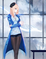 Rule 34 | 1girl, beret, black hat, black shorts, blue coat, blue eyes, blue shirt, breasts, brown pantyhose, chain, cityscape, cloud, coat, commentary request, crossed arms, hat, highres, juexing (moemoe3345), light brown hair, long hair, long sleeves, looking away, looking to the side, open clothes, open coat, original, pantyhose, profile, rain, shirt, short shorts, shorts, small breasts, solo, standing, tilted headwear, transparent, window