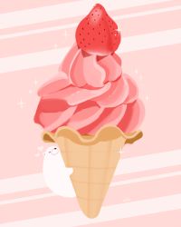 Rule 34 | animal, bear, chai (drawingchisanne), commentary request, food, food focus, fruit, heart, hug, ice cream, ice cream cone, no humans, hugging object, original, polar bear, signature, soft serve, sparkle, strawberry, striped, striped background, undersized animal