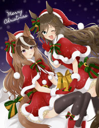 Rule 34 | 2girls, ;d, bell, black legwear, blue eyes, bow, breath, brown hair, capelet, christmas, commentary, cursive, dress, ear bow, english text, fur-trimmed capelet, fur-trimmed dress, fur-trimmed footwear, fur trim, gift, gloves, green bow, hair bell, hair ornament, hairclip, hat, highres, holding, holding gift, horse girl, kou 003, leaning forward, long hair, looking at viewer, looking back, merry christmas, mr. c.b. (umamusume), multicolored hair, multiple girls, one eye closed, open mouth, parted lips, purple eyes, red capelet, red dress, red footwear, red gloves, red headwear, sack, santa dress, santa gloves, santa hat, shoes, short dress, sitting, smile, standing, star (symbol), streaked hair, swept bangs, symboli rudolf (umamusume), tail, tail bow, tail ornament, thighhighs, two-tone hair, umamusume, w, white hair