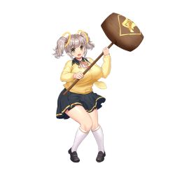 Rule 34 | 1girl, breasts, cardigan, fanny, full body, grey hair, hammer, happy, large breasts, looking at viewer, nutaku, nutaku.net, open mouth, plump, project qt, school uniform, skirt, sledgehammer, smile, solo, transparent background, twintails, yellow cardigan, yellow eyes