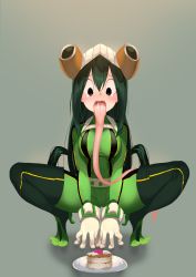 Rule 34 | 10s, 1girl, absurdres, asui tsuyu, black eyes, black hair, blush, bodysuit, boku no hero academia, breasts, cake, food, frog girl, full body, gloves, goggles, highres, long hair, long tongue, medium breasts, open mouth, saliva, solo, squatting, tears, tongue, tongue out