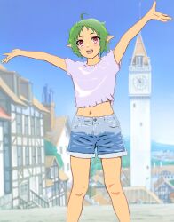 Rule 34 | 1girl, :d, ahoge, alternate costume, building, clock, clock tower, day, denim, denim shorts, elf, green hair, highres, looking at viewer, mizumori keiichi, mushoku tensei, open mouth, outdoors, outstretched arms, pointy ears, red eyes, shirt, short hair, shorts, smile, solo, sylphiette (mushoku tensei), tower, town, white shirt