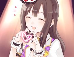 Rule 34 | 1girl, :d, arm garter, blunt bangs, blush, brown hair, chisumi, closed eyes, commentary request, facing viewer, flying sweatdrops, hands up, hat, heart, heart hands, idolmaster, idolmaster cinderella girls, idolmaster cinderella girls starlight stage, jacket, long hair, mini hat, mizumoto yukari, open mouth, smile, solo, spotlight, white jacket