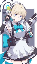 Rule 34 | 1girl, absurdres, apron, assault rifle, back bow, belt, belt pouch, black belt, black dress, black gloves, blonde hair, blue archive, blue bow, blue bowtie, blue eyes, blue halo, blue ribbon, bow, bowtie, braid, bun cover, chest harness, collared shirt, dot nose, dress, earpiece, elbow gloves, finger on trigger, fingerless gloves, frilled apron, frilled dress, frills, gloves, grey background, gun, hair intakes, hair ribbon, half up braid, halo, hand up, harness, highres, holding, holding weapon, kittitat777, light smile, looking at viewer, maid, maid apron, maid headdress, multicolored hair, pouch, ribbon, rifle, shirt, short hair, simple background, single sidelock, sleeveless, sleeveless dress, sleeveless shirt, star (symbol), streaked hair, toki (blue archive), two-tone background, v, weapon, white apron, white background, white shirt