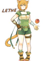 Rule 34 | 1girl, animal ears, apple, bandages, bell, belt, blonde hair, boots, cat ears, cat tail, character name, collarbone, facial mark, fire emblem, fire emblem: path of radiance, food, fruit, jingle bell, lethe (fire emblem), nintendo, o-ring, o-ring belt, purple eyes, shorts, side slit, simple background, solo, tail, thigh strap, white background, yu kiti24
