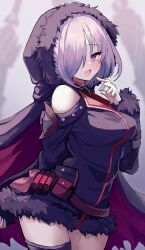 Rule 34 | 1girl, absurdres, arm up, belt, belt pouch, black cape, blurry, blurry background, blush, breasts, cape, choker, clothing cutout, cowboy shot, fur-trimmed hood, fur-trimmed sleeves, fur trim, hair over one eye, highres, hood, hood up, hooded cape, karunabaru, large breasts, looking at viewer, loose belt, multicolored cape, multicolored clothes, open mouth, pink trim, pouch, purple eyes, shadowverse, short hair, shoulder cutout, simple background, smile, solo, standing, thighhighs, thighs, white hair, wing collar, wizardess of oz
