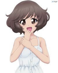 Rule 34 | 1girl, :d, absurdres, acrux, akiyama yukari, artist logo, box, brown eyes, brown hair, camisole, camouflage, casual, chocolate, commentary, dated, dog tags, english commentary, gift, gift box, girls und panzer, hand on own ass, highres, jewelry, looking at viewer, messy hair, necklace, open mouth, pov, shirt, short hair, simple background, smile, textless version, twitter username, valentine, white background, white shirt