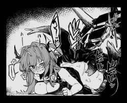 Rule 34 | 1girl, animal ears, arknights, bestiality, black border, blush, border, bottomless, breasts, clenched hand, clenched teeth, commentary, from behind, grabbing, greyscale, implied sex, lying, monochrome, monster, on ground, on stomach, originium slug (arknights), rape, sex, surtr (arknights), sweat, teeth, tentacle grab, tentacle sex, tentacles, twitter username, uneven eyes, yom (ymayma00ss)