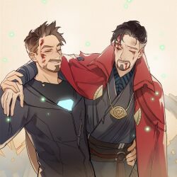 Rule 34 | 2boys, arc reactor, avengers: infinity war, avengers (series), belt, black hair, black jacket, black shirt, blood, blood on face, blue shirt, brown belt, brown hair, cloak, closed eyes, closed mouth, doctor strange, facial hair, gold necklace, grey background, grey hair, hand around waist, hand up, helping, hood, hooded jacket, injury, jacket, jewelry, kottie, long sleeves, male focus, marvel, marvel cinematic universe, multicolored hair, multiple boys, necklace, red cloak, shirt, short hair, simple background, smile, standing, t-shirt, teeth, tony stark, torn cloak, torn clothes, torn jacket, two-tone hair