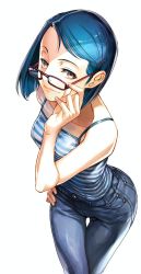 Rule 34 | 1girl, adjusting eyewear, black lagoon, blue hair, breasts, brown eyes, camisole, commentary request, denim, feng yifei, forehead, glasses, hair ornament, hairclip, hand on own hip, hiroe rei, jeans, leaning forward, lips, looking at viewer, nose, official art, pants, red-framed eyewear, short hair, small breasts, solo, swept bangs, thigh gap, white background