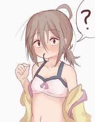 Rule 34 | 1girl, ?, ahoge, bare shoulders, bikini, blush, bra, breasts, brown hair, closed mouth, collarbone, do it yourself!!, hair between eyes, hair tie, hand up, highres, jacket, looking at viewer, low ponytail, mouth hold, navel, off shoulder, open clothes, open jacket, ponytail, red eyes, simple background, small breasts, solo, spoken question mark, swimsuit, underwear, upper body, white background, white bikini, white bra, yellow jacket, yua serufu