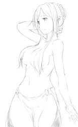Rule 34 | 1girl, arm up, breasts, earrings, greyscale, hair censor, hair over breasts, highres, jewelry, long hair, monochrome, niwatazumi, original, pointy ears, simple background, sketch, smile, solo, topless, white background
