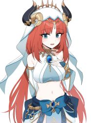 Rule 34 | 1girl, armpit crease, bare shoulders, blue bow, blue eyes, bow, breasts, brooch, cowboy shot, crop top, detached sleeves, fake horns, genshin impact, hand on own chest, highres, horns, jewelry, large breasts, lix (iroiro3843), long hair, long sleeves, looking at viewer, low twintails, midriff, navel, nilou (genshin impact), open mouth, red hair, shirt, simple background, smile, solo, standing, stomach, sweatdrop, twintails, veil, very long hair, white background, white shirt