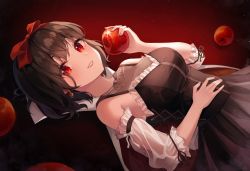 Rule 34 | 1girl, apple, bad id, bad pixiv id, black dress, blush, bow, breasts, brown hair, commentary, detached sleeves, dress, earrings, eunyoo, food, fruit, hair bow, highres, holding, holding food, holding fruit, jewelry, large breasts, looking at viewer, lying, on back, original, red eyes, short hair, solo