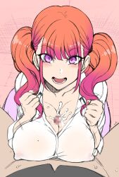 Rule 34 | 1boy, 1girl, aiue oka, blush, breasts, character request, cleavage, copyright request, cum, cum on body, cum on breasts, cum on upper body, gyaru, happy, hetero, highres, large breasts, multicolored hair, no bra, orange hair, paizuri, paizuri under clothes, pink eyes, pink hair, pink skirt, pov, school uniform, see-through, shirt, skirt, tagme, two-tone hair, white shirt