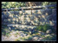 Rule 34 | bench, cobblestone, copyright name, english text, fern, grass, no humans, ono tomohiro, original, plant, scenery, shadow, stone bench, stone wall, sunlight, tree, tree shade, wall