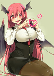 Rule 34 | 1girl, :d, bat wings, between breasts, black pantyhose, blush, breasts, feet out of frame, grey background, hair between eyes, head wings, heart, heart hands, koakuma, large breasts, lipstick, long hair, looking at viewer, makeup, necktie, necktie between breasts, open mouth, pantyhose, pencil skirt, red eyes, red hair, red necktie, simple background, sitting, skirt, smile, solo, tomo asa (confetto-o), touhou, very long hair, wings