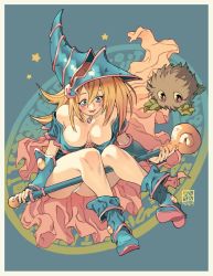 Rule 34 | 1girl, bare shoulders, blonde hair, blue background, blue eyes, blue footwear, blush, blush stickers, boots, breasts, choker, cleavage, collarbone, dark magician girl, dated, downblouse, duel monster, green eyes, hat, kuriboh, large breasts, long hair, looking down, no bra, open mouth, original, pentacle, pentagram, poch4n, signature, smile, solo, staff, wand, wizard hat, yu-gi-oh!, yuu-gi-ou, yu-gi-oh! duel monsters