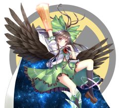 Rule 34 | 1girl, arm cannon, arm up, bird wings, black hair, black wings, bow, cape, hair bow, highres, long hair, looking at viewer, pink eyes, puffy short sleeves, puffy sleeves, radiation symbol, reiuji utsuho, shirt, short sleeves, skirt, solo, space, third eye, touhou, very long hair, weapon, wings, xiao yinbie