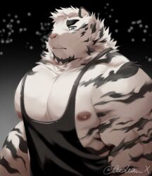 Rule 34 | 1boy, animal ears, arknights, artist request, bara, bare pectorals, black tank top, facial hair, furry, furry male, goatee, highres, large pectorals, looking at viewer, loose clothes, male focus, mountain (arknights), muscular, muscular male, nipples, no scar, oversized clothes, pectorals, short hair, solo, tank top, thick eyebrows, thick thighs, thighs, tiger boy, tiger ears, upper body, white hair