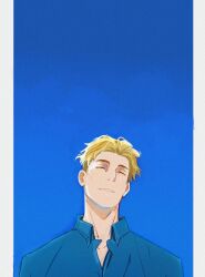 Rule 34 | 1boy, blonde hair, closed eyes, collared shirt, evisen (evisenv), highres, jujutsu kaisen, light smile, long sleeves, male focus, mature male, multicolored hair, nanami kento, parted lips, relaxing, shirt, short hair, solo, two-tone hair, undercut, upper body