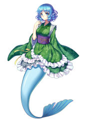 Rule 34 | 1girl, blue eyes, blue hair, breasts, drill hair, fins, floral print, full body, head fins, highres, japanese clothes, kimono, large breasts, long sleeves, looking at viewer, matching hair/eyes, mermaid, mirror (xilu4), monster girl, obi, playing with own hair, sash, short hair, simple background, solo, tachi-e, touhou, wakasagihime, white background, wide sleeves