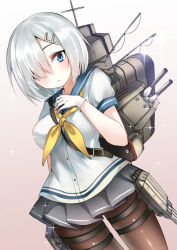 Rule 34 | 10s, 1girl, belt, black skirt, blue eyes, breasts, brown pantyhose, buckle, closed mouth, cowboy shot, dutch angle, gloves, gradient background, hair ornament, hair over one eye, hairclip, hamakaze (kancolle), kantai collection, large breasts, looking at viewer, machinery, miniskirt, neckerchief, pantyhose, pleated skirt, school uniform, serafuku, short hair, short sleeves, silver hair, skirt, solo, sparkle, sunege (hp0715), thigh strap, white gloves, yellow neckerchief