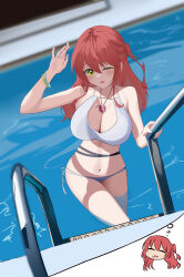 Rule 34 | 1girl, absurdres, aged up, alternate breast size, arm up, bare shoulders, bikini, bocchi the rock!, breasts, cleavage, hair between eyes, highres, imagining, jewelry, kita ikuyo, large breasts, long hair, navel, necklace, one eye closed, pool, red hair, shadow, side ponytail, solo, swimsuit, water, white bikini, whitehartlane13, yellow eyes