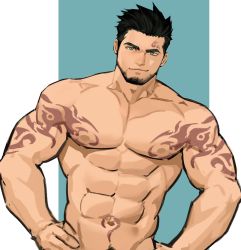 Rule 34 | 1boy, abs, arm tattoo, bara, black hair, chest tattoo, dopey (dopq), facial hair, facial tattoo, green eyes, gyee, hand on own hip, highres, large pectorals, male focus, muscular, navel, nipples, original, pectorals, priapus, priapus a. tarou, red pupils, short hair, simple background, sketch, smile, solo, spiked hair, stomach tattoo, stubble, tattoo, topless male