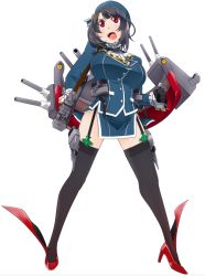 Rule 34 | 1girl, beret, black gloves, black hair, black thighhighs, blue background, blue hat, breasts, commentary request, garter straps, gloves, hat, kantai collection, large breasts, military, military uniform, miniskirt, open mouth, red eyes, rudder footwear, short hair, simple background, skirt, solo, standing, takao (kancolle), thighhighs, udukikosuke, uniform, white background