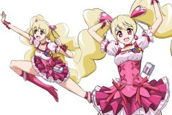 Rule 34 | 00s, 1girl, :d, aegis (nerocc), blonde hair, boots, bow, choker, cure peach, earrings, fresh precure!, hair ornament, heart, heart earrings, heart hair ornament, jewelry, long hair, looking at viewer, magical girl, momozono love, multiple views, open mouth, pink bow, pink eyes, pink footwear, pink skirt, precure, simple background, skirt, smile, twintails, white background