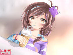 Rule 34 | 1girl, absurdres, artist request, blob, brown eyes, brown hair, bubble tea, centi (nimu), cup, disposable cup, drink, drinking, drinking straw, drinking straw in mouth, hair ornament, highres, holding, holding drink, indie virtual youtuber, low twintails, multicolored hair, nimu (vtuber), off-shoulder shirt, off shoulder, shirt, short hair, solo, star (symbol), star hair ornament, twintails