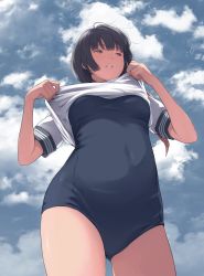 Rule 34 | 1girl, absurdres, artist request, black eyes, black hair, blue sky, bob cut, breasts, clothes lift, cloud, cloudy sky, comic koh, contrapposto, covered navel, cowboy shot, day, foreshortening, from below, gluteal fold, highres, kamo (gafas), looking away, medium breasts, no pants, one-piece swimsuit, outdoors, school swimsuit, shirt lift, short hair, sky, solo, standing, swimsuit, swimsuit under clothes