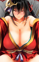 Rule 34 | 1girl, absurdres, azur lane, bare shoulders, black hair, blush, breasts, cleavage, collarbone, dress, facing viewer, hair between eyes, hair ornament, highres, japanese clothes, kimono, large breasts, long hair, looking at viewer, no panties, outstretched arms, parted lips, red dress, red eyes, red kimono, solo, taihou (azur lane), yilan un