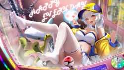 Rule 34 | 1girl, ass, bandeau, bare shoulders, baseball cap, blue nails, breasts, candy, cleavage, convenient censoring, crane (machine), creatures (company), crop top, cropped jacket, fang, feet, food, game freak, gradient hair, hair between eyes, hands up, hat, highres, holding, holding candy, holding food, holding lollipop, in container, jacket, large breasts, legs up, liu liaoliao, lollipop, long hair, long sleeves, looking at viewer, midriff, miniskirt, multicolored hair, nail polish, navel, nintendo, no shoes, off shoulder, open clothes, open jacket, open mouth, original, pleated skirt, poke ball, pokemon, puffy sleeves, red eyes, skirt, smile, soles, solo, stomach, strapless, stuffed turtle, thighhighs, thighs, toes, tube top, very long hair, white hair, white skirt, white thighhighs, yellow hat, yellow jacket, yile (liu liaoliao)
