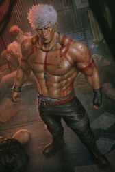 Rule 34 | 4boys, abs, absurdres, after battle, alley, bara, belt, black footwear, black gloves, black pants, blood, blood on body, boots, box, bracelet, cardboard box, chain necklace, clenched hands, collarbone, combat boots, commentary, commission, contrapposto, cross-laced footwear, dirty, dog tags, ear piercing, earrings, expressionless, facial scar, facial tattoo, fingerless gloves, from above, full-body tattoo, gloves, highres, jewelry, lace-up boots, large pectorals, legs apart, lips, looking at viewer, male focus, multiple belts, multiple boys, muscular, muscular male, navel, necklace, nickakito, night, nipples, nose, orange eyes, original, outdoors, pants, pectorals, piercing, poster (object), rain, realistic, ring, sanpaku, scar, scar on arm, scar on cheek, scar on face, scar on stomach, shiny skin, short hair, single fingerless glove, single glove, solo focus, spiked hair, standing, swept bangs, tattoo, topless male, unconscious, veins, veiny arms, wanted, wet, white hair