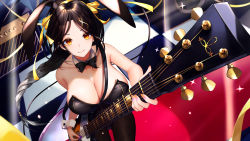 Rule 34 | 1girl, animal ears, bare shoulders, black hair, black pantyhose, bow, bowtie, braid, braided ponytail, breasts, cleavage, detached collar, electric guitar, fake animal ears, guitar, hair ornament, hair ribbon, hairclip, highres, holding, instrument, italia mondial, large breasts, leotard, long braid, long hair, looking at viewer, low-tied long hair, mole, mole on neck, mugichapossible, music, nail polish, neckwear request, nijisanji, orange eyes, pantyhose, parted bangs, playboy bunny, playing instrument, rabbit ears, ribbon, shirayuki tomoe, single braid, smile, solo, sparkle, virtual youtuber, wrist cuffs, yellow ribbon