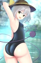 Rule 34 | 1girl, absurdres, arms behind head, ass, back, blue one-piece swimsuit, bow, breasts, competition school swimsuit, cowboy shot, eyeball, grey hair, hat, hat bow, hat ribbon, heart, heart of string, highres, komeiji koishi, looking at viewer, looking back, looking to the side, medium hair, one-piece swimsuit, open mouth, outdoors, ribbon, school swimsuit, small breasts, smile, solo, string, swimsuit, third eye, touhou, water, wavy hair, wottosei, yellow bow, yellow eyes, yellow ribbon