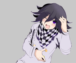 Rule 34 | 1boy, 345 myk, ;d, black hair, blush, buttons, checkered clothes, checkered scarf, danganronpa (series), danganronpa v3: killing harmony, double-breasted, grey background, grey jacket, highres, jacket, long sleeves, multicolored hair, oma kokichi, one eye closed, open mouth, purple eyes, purple hair, scarf, simple background, smile, solo, two-tone hair