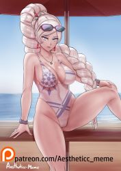 Rule 34 | 1girl, aestheticc-meme, artist name, bare shoulders, beach, beach umbrella, bench, blue eyes, braid, braided ponytail, breasts, cleavage, collarbone, earrings, jewelry, large breasts, leg up, long hair, looking at viewer, necklace, one-piece swimsuit, rwby, scar, scar across eye, scar on face, sitting, sky, solo, sunglasses, swimsuit, thighs, umbrella, water, weiss schnee, white hair
