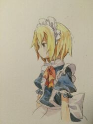 Rule 34 | 1girl, apron, blonde hair, blue dress, commentary request, dress, frilled sleeves, frills, from side, highres, kaigen 1025, maid apron, maid headdress, mugetsu (touhou), neck ribbon, painting (medium), puffy short sleeves, puffy sleeves, red ribbon, ribbon, short hair, short sleeves, simple background, solo, touhou, touhou (pc-98), traditional media, upper body, watercolor (medium), white apron, white background, yellow eyes