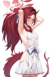 Rule 34 | 1girl, absurdres, armpits, arms behind head, arms up, bare shoulders, blue archive, blush, breasts, dragon tail, dress, eyeliner, hair ribbon, halo, highres, horns, long hair, looking at viewer, makeup, parted bangs, pleated skirt, ponytail, red eyes, red hair, red sailor collar, renge (blue archive), ribbon, sailor collar, sideless outfit, single horn, skai kun, skirt, small breasts, solo, sweat, tail, white dress