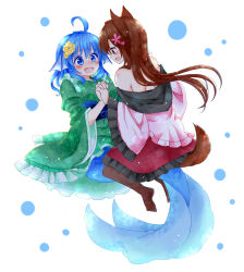 Rule 34 | 2girls, absurdres, ahoge, animal ears, blue eyes, blue hair, brown hair, eye contact, fins, fish tail, flower, hair flower, hair ornament, head fins, highres, holding hands, imaizumi kagerou, looking at another, mermaid, monster girl, multiple girls, off shoulder, open mouth, pantyhose, red eyes, tail, totoharu (kujirai minato), touhou, wakasagihime, wolf ears, wolf tail