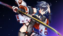 Rule 34 | 1girl, ahoge, akatsuki yureru koi akari, arakawa sonomi, bare shoulders, blue eyes, breasts, clenched teeth, cowboy shot, detached collar, female focus, fingerless gloves, game cg, gloves, groin, hair over eyes, hands up, holding, holding sword, holding weapon, jacket, japanese clothes, legs, looking away, multicolored hair, navel, original, see-through, short hair, simple background, small breasts, solo, standing, sword, teeth, thighs, two-tone hair, usume shirou, weapon