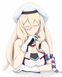 Rule 34 | 1girl, arm scarf, beret, black gloves, blonde hair, breasts, dress, closed eyes, gloves, hair between eyes, hat, highres, kantai collection, large breasts, long hair, mole, mole under eye, mole under mouth, multicolored clothes, multicolored gloves, multicolored scarf, pom pom (clothes), richelieu (kancolle), scarf, solo, strapless, strapless dress, upper body, white gloves, yakuto007