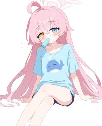 Rule 34 | 1girl, ahoge, blue archive, blue eyes, blue shirt, blush, collarbone, feet out of frame, food, hair between eyes, halo, heterochromia, highres, hoshino (blue archive), long hair, looking at viewer, mouth hold, pink hair, pink halo, popsicle, shirt, short sleeves, simple background, solo, sweat, white background, yellow eyes, yukisiannn