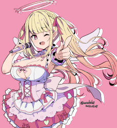 Rule 34 | 1girl, ;d, blonde hair, braid, breasts, cleavage, clothing cutout, commentary request, copyright request, dated, hair ribbon, halo, heart cutout, highres, holding, holding microphone, kichihachi, large breasts, long hair, looking at viewer, microphone, one eye closed, open mouth, pink background, pink eyes, red ribbon, ribbon, simple background, smile, solo, twintails, twitter username, virtual youtuber, white wings, wings