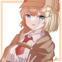 Rule 34 | 1girl, absurdres, blonde hair, blue eyes, blunt bangs, border, brown border, brown capelet, capelet, collared shirt, deerstalker, dot nose, hair ornament, hat, highres, hololive, hololive english, looking at viewer, necktie, open mouth, red necktie, seuru, shirt, short hair, signature, simple background, smile, solo, upper body, v, v-shaped eyebrows, virtual youtuber, watson amelia, white background, white shirt