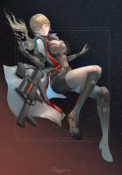 Rule 34 | 1girl, absurdres, arms up, artist name, assault rifle, belt, black gloves, black shorts, blonde hair, blush, boots, breasts, brown footwear, brown shirt, bullpup, cloak, closed eyes, closed mouth, commentary, elbow gloves, full body, gblamgo, girls&#039; frontline, girls&#039; frontline 2: exilium, gloves, gun, highres, knee pads, lips, long hair, magazine (weapon), medium breasts, ots-14 (girls&#039; frontline), ots-14 groza, rifle, shirt, shorts, simple background, solo, star (symbol), starry background, suppressor, thighs, weapon, white cloak